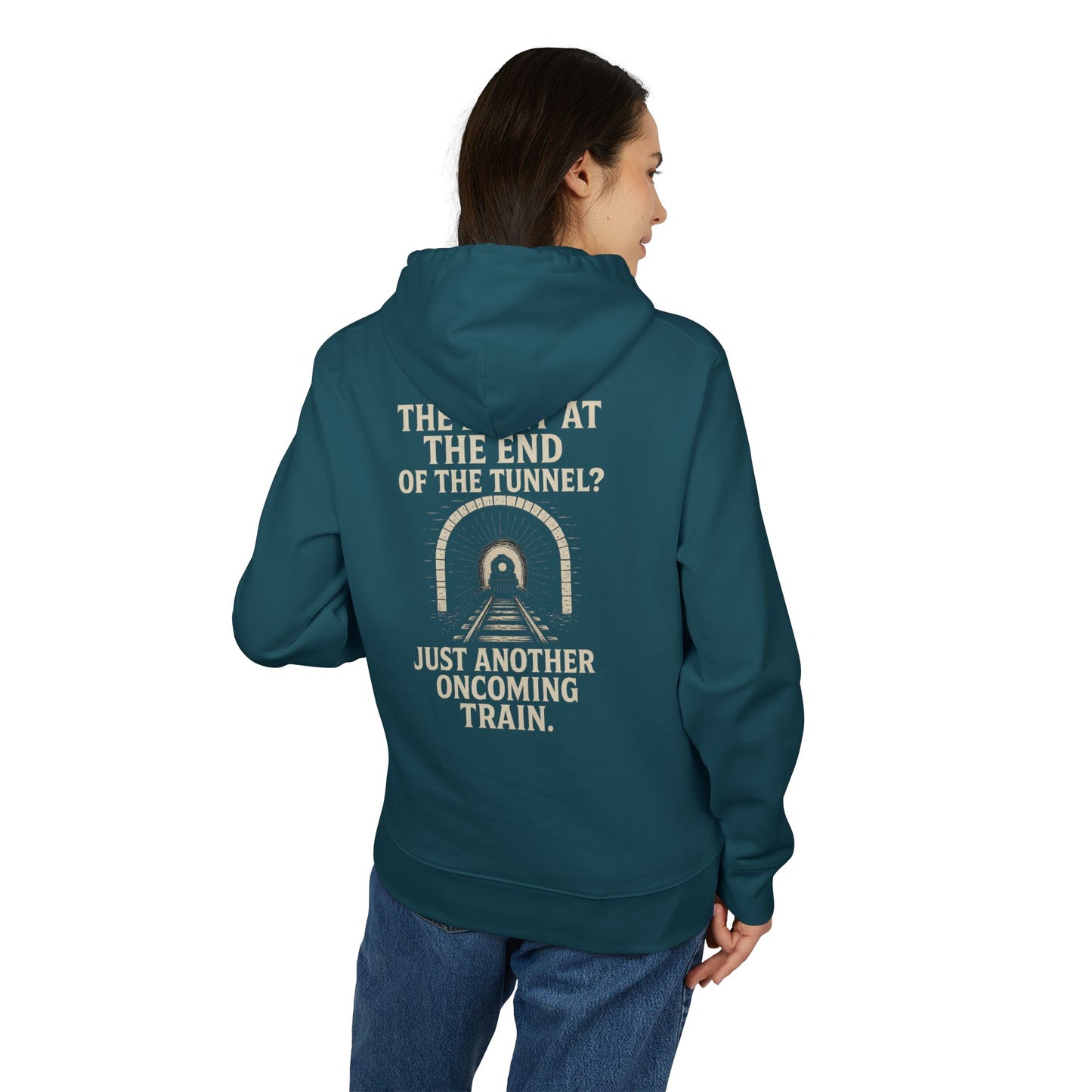 Ucique Organic Tunnel Hoodie – The Light at the End? Just Another Oncoming Train | Eco Gothic Sarcasm Streetwear