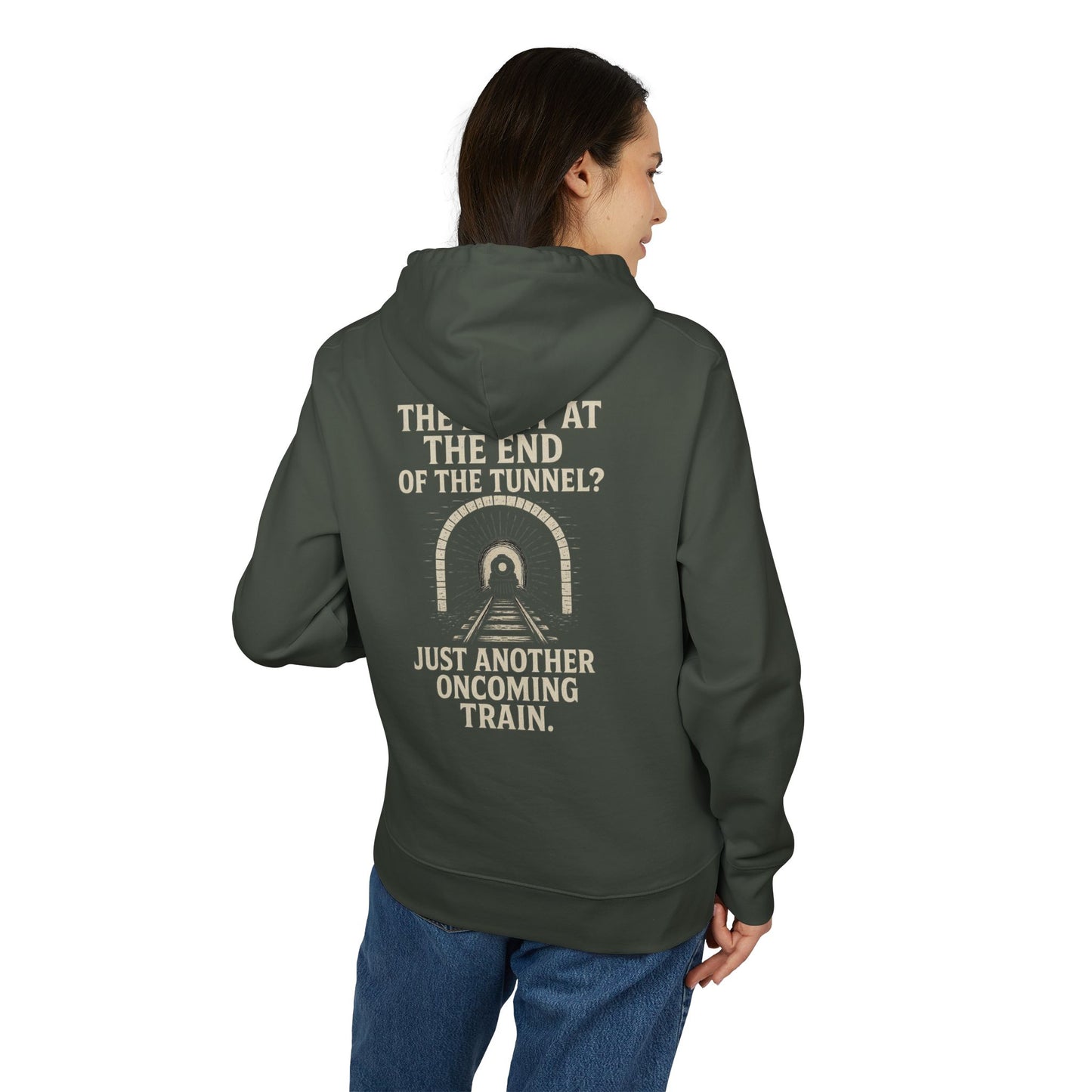 Ucique Organic Tunnel Hoodie – The Light at the End? Just Another Oncoming Train | Eco Gothic Sarcasm Streetwear