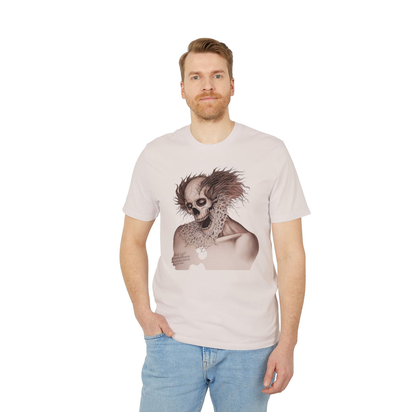 Ucique Bone Jester T-Shirt – Surreal Skull Portrait | Organic Cotton Eco Gothic Streetwear
