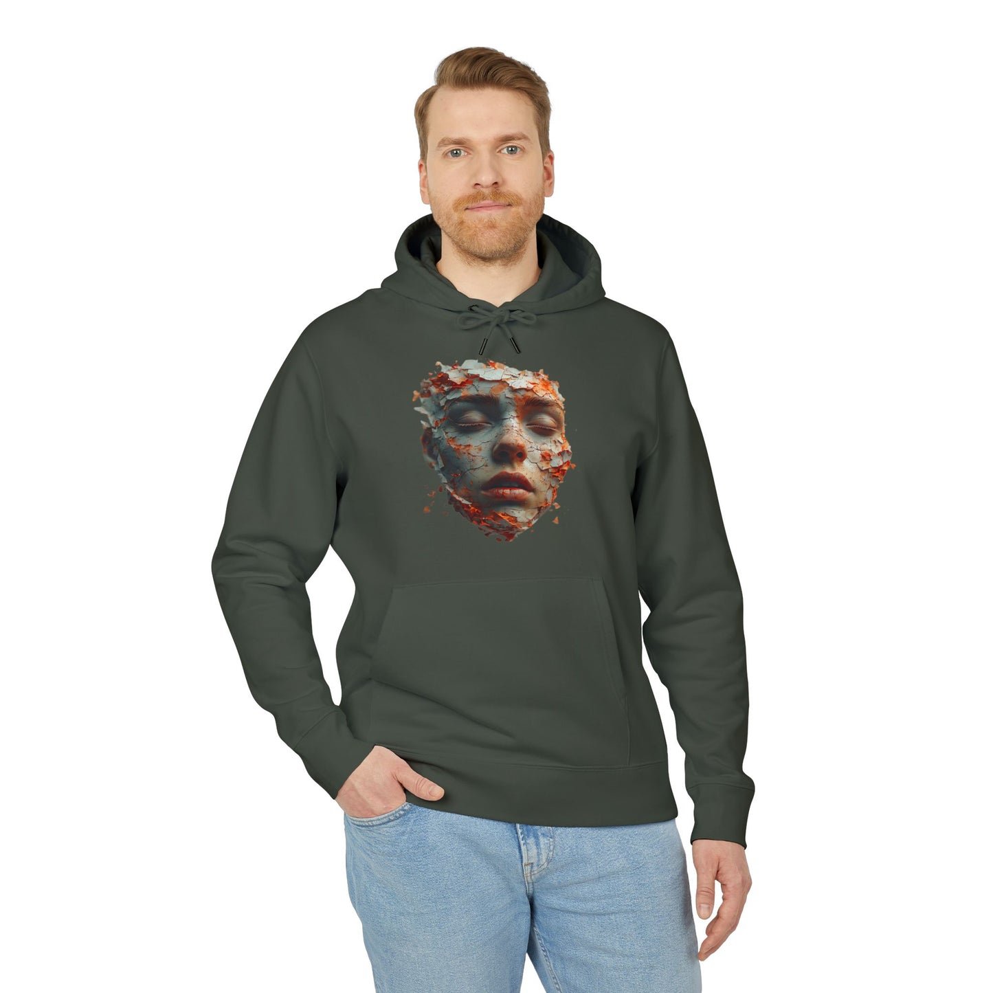 Ucique Fragmented Serenity Hoodie – Surreal Cracked Face Design | Organic Cotton Eco Gothic Streetwear