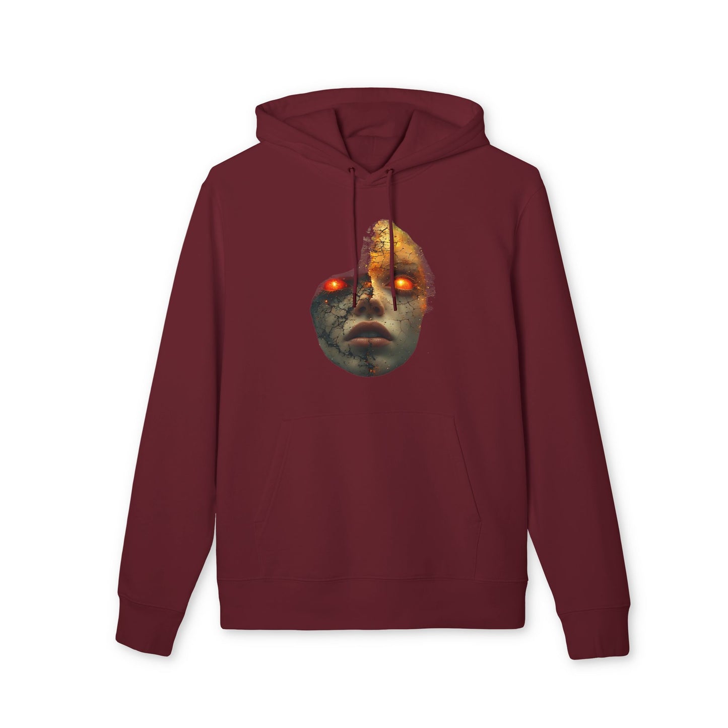 Ucique Cracked Mask Hoodie – Surreal Face with Glowing Eyes | Organic Cotton Gothic Eco Streetwear