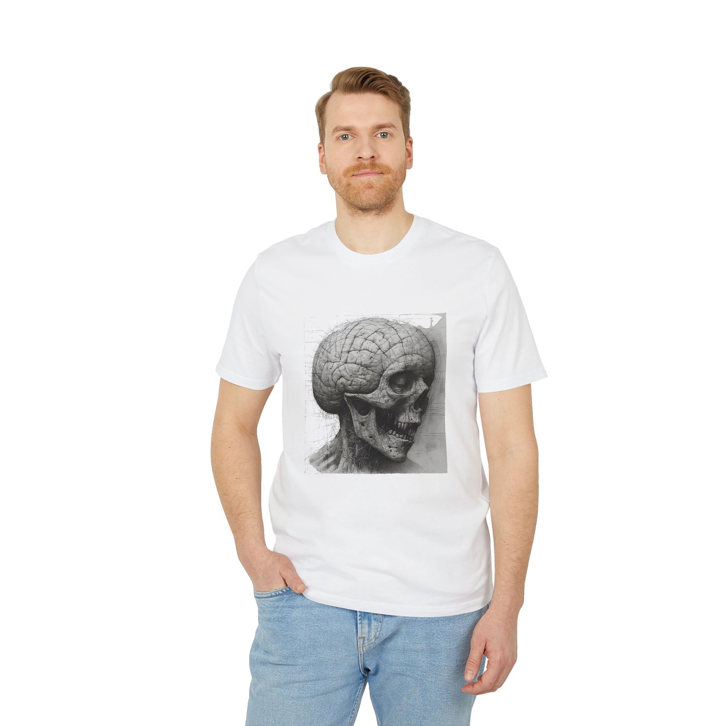 Ucique Mind Anatomy T-Shirt – Surreal Skull Blueprint Design | Organic Cotton Eco Streetwear