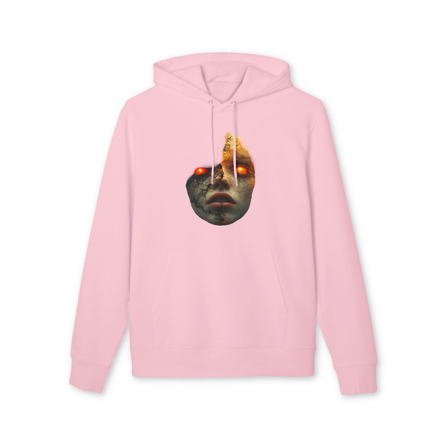 Ucique Cracked Mask Hoodie – Surreal Face with Glowing Eyes | Organic Cotton Gothic Eco Streetwear