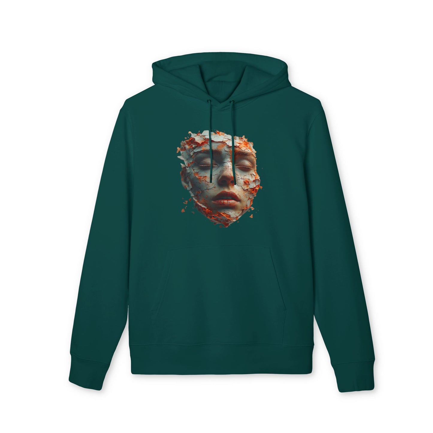 Ucique Fragmented Serenity Hoodie – Surreal Cracked Face Design | Organic Cotton Eco Gothic Streetwear