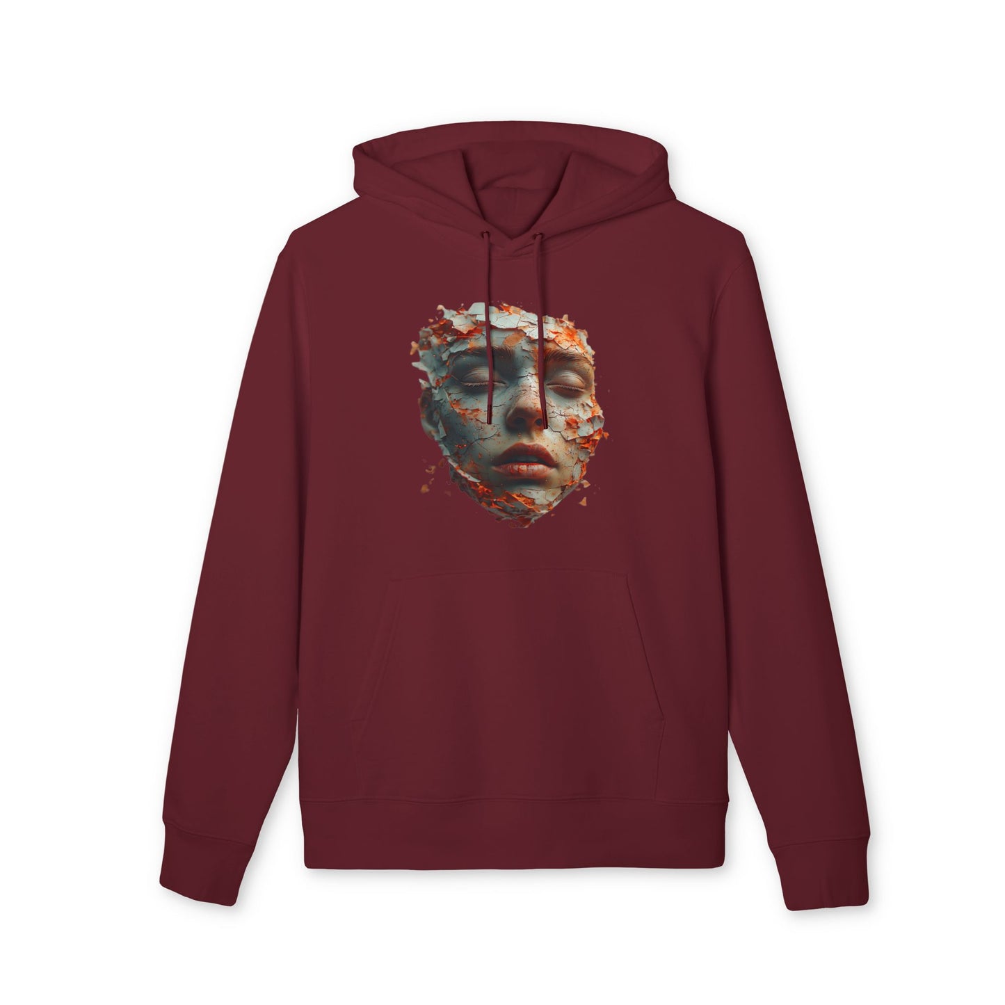 Ucique Fragmented Serenity Hoodie – Surreal Cracked Face Design | Organic Cotton Eco Gothic Streetwear
