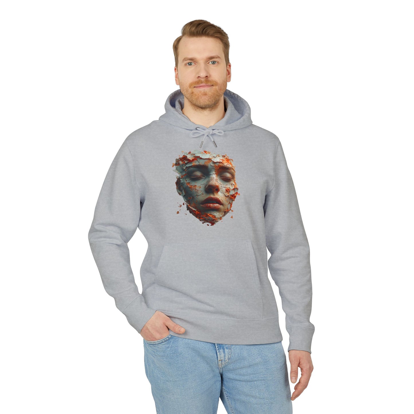 Ucique Fragmented Serenity Hoodie – Surreal Cracked Face Design | Organic Cotton Eco Gothic Streetwear