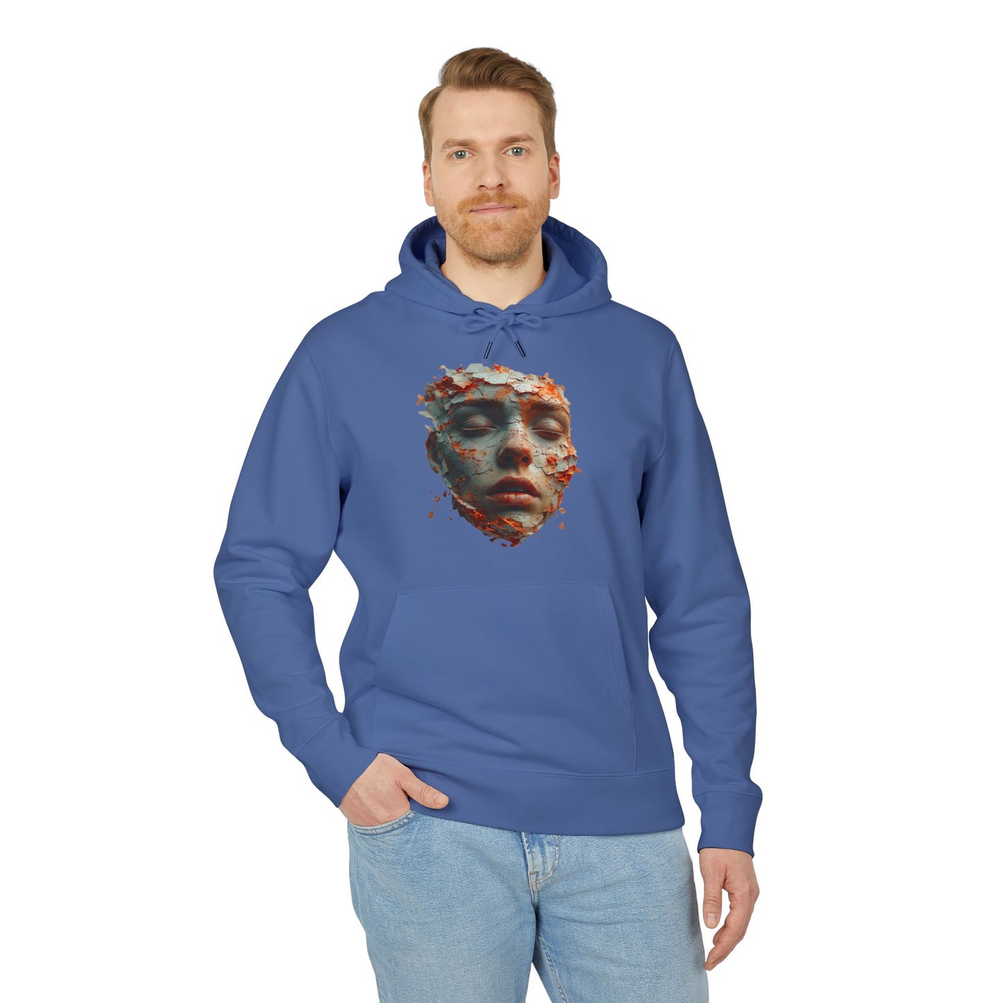 Ucique Fragmented Serenity Hoodie – Surreal Cracked Face Design | Organic Cotton Eco Gothic Streetwear