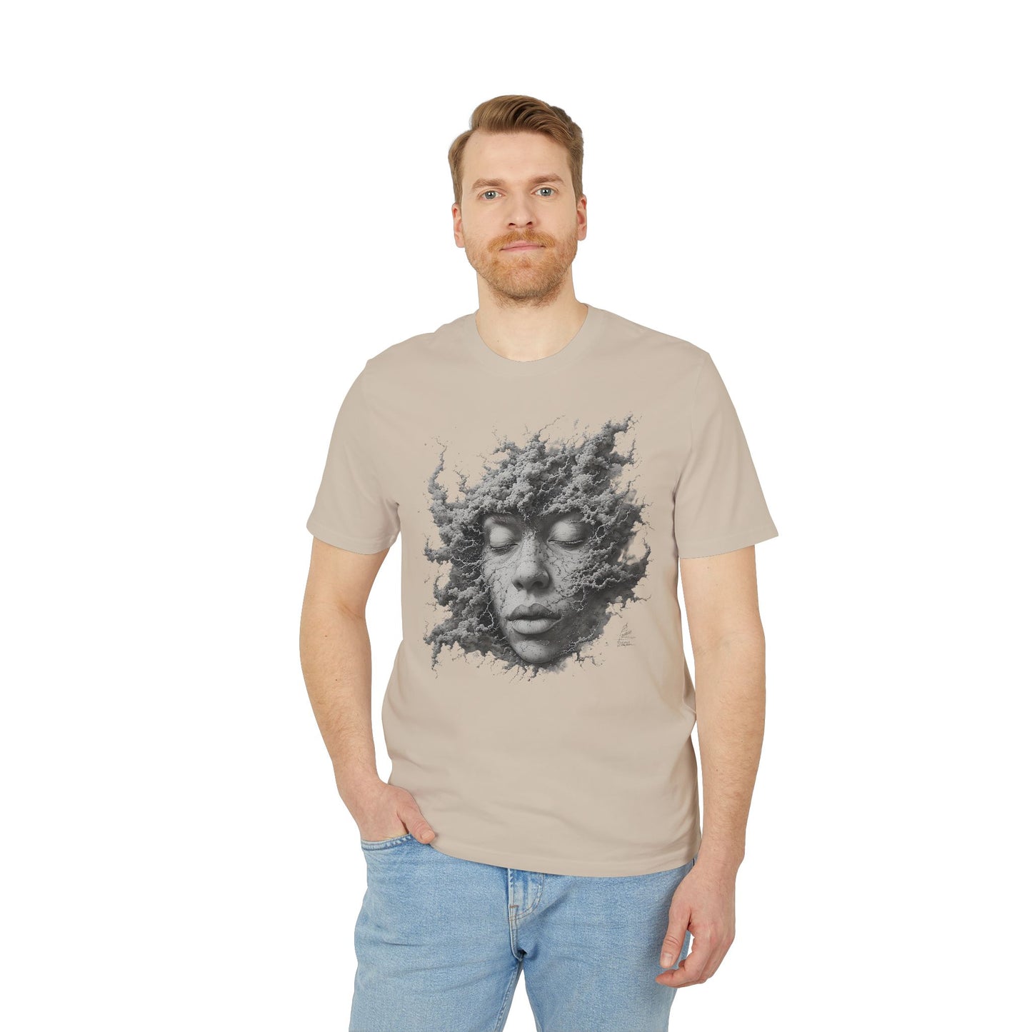 Ucique Dust of Silence T-Shirt – Surreal Face Fragment Design | Organic Cotton Eco Streetwear