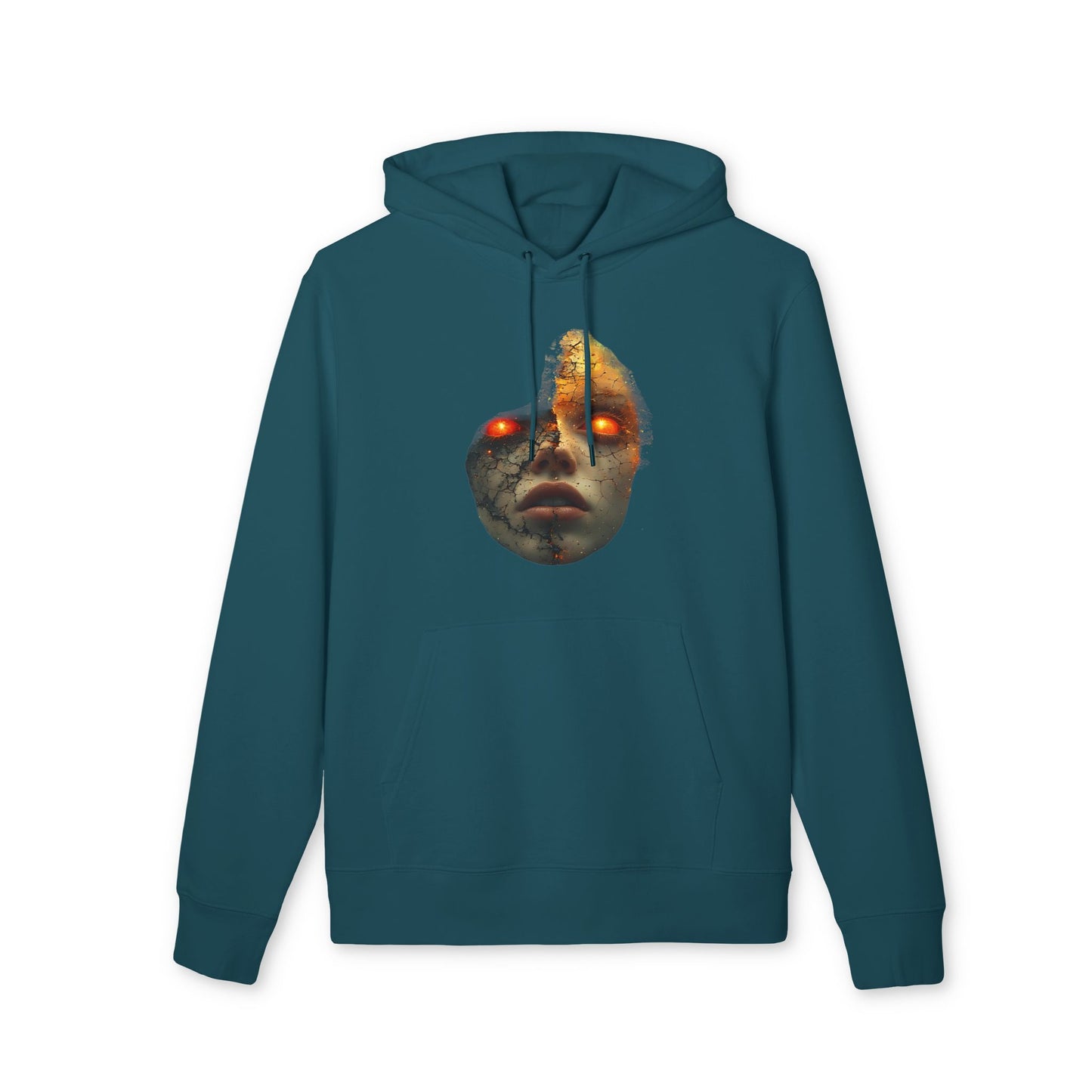 Ucique Cracked Mask Hoodie – Surreal Face with Glowing Eyes | Organic Cotton Gothic Eco Streetwear