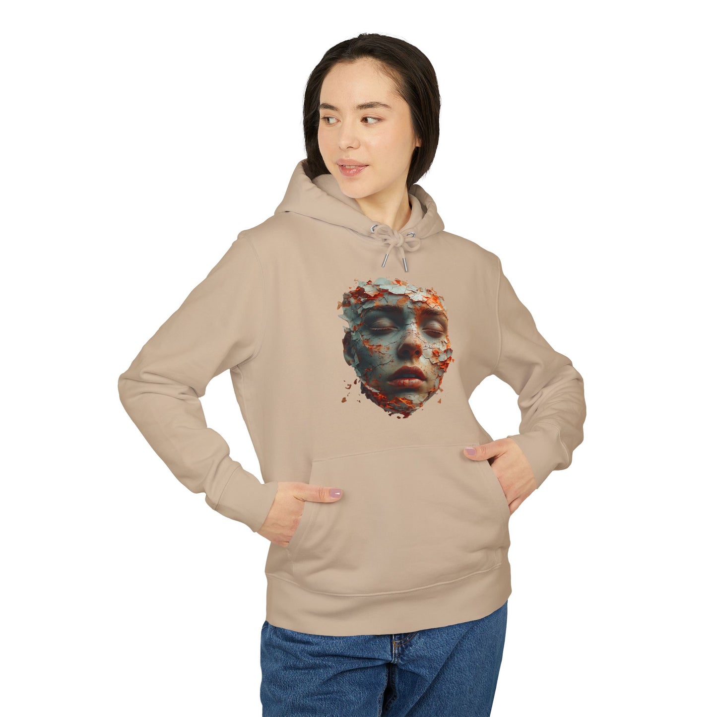 Ucique Fragmented Serenity Hoodie – Surreal Cracked Face Design | Organic Cotton Eco Gothic Streetwear
