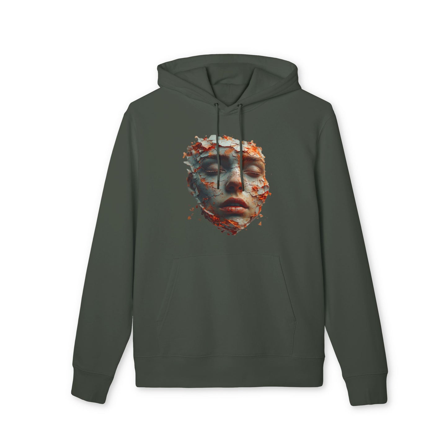 Ucique Fragmented Serenity Hoodie – Surreal Cracked Face Design | Organic Cotton Eco Gothic Streetwear