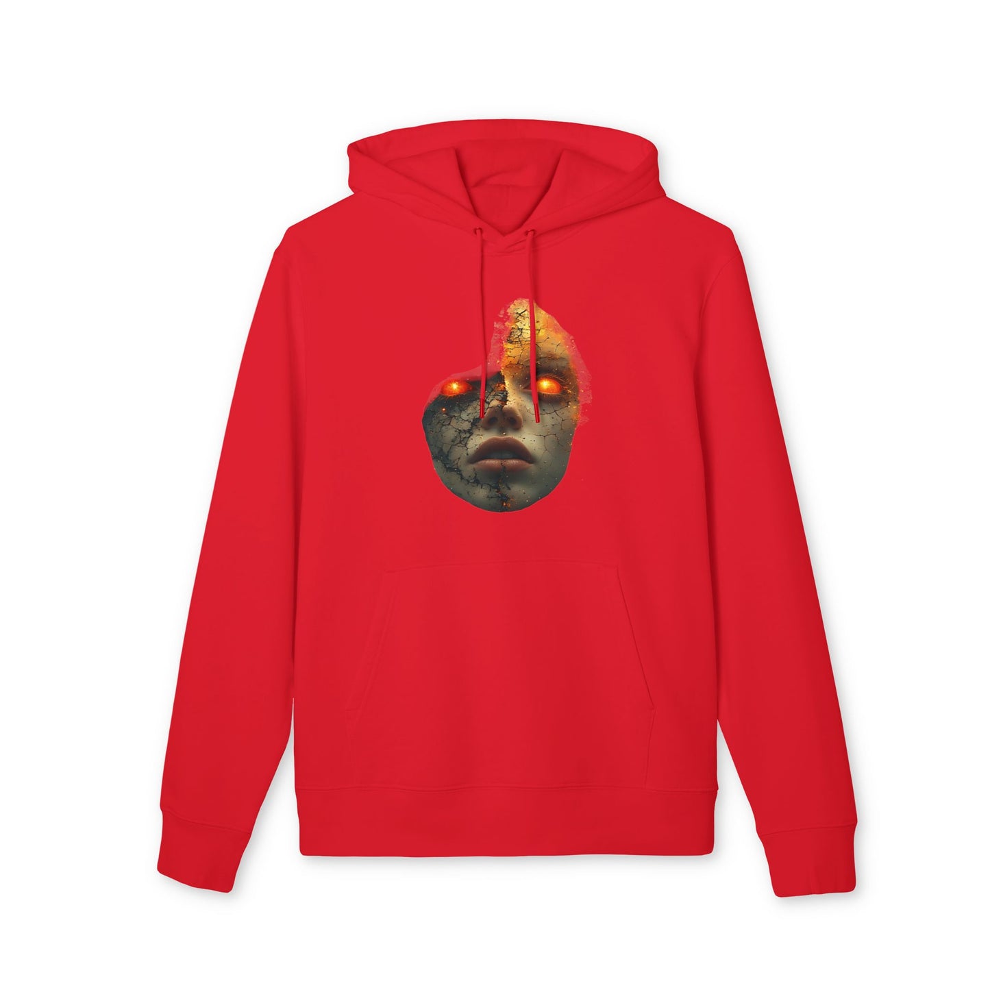 Ucique Cracked Mask Hoodie – Surreal Face with Glowing Eyes | Organic Cotton Gothic Eco Streetwear