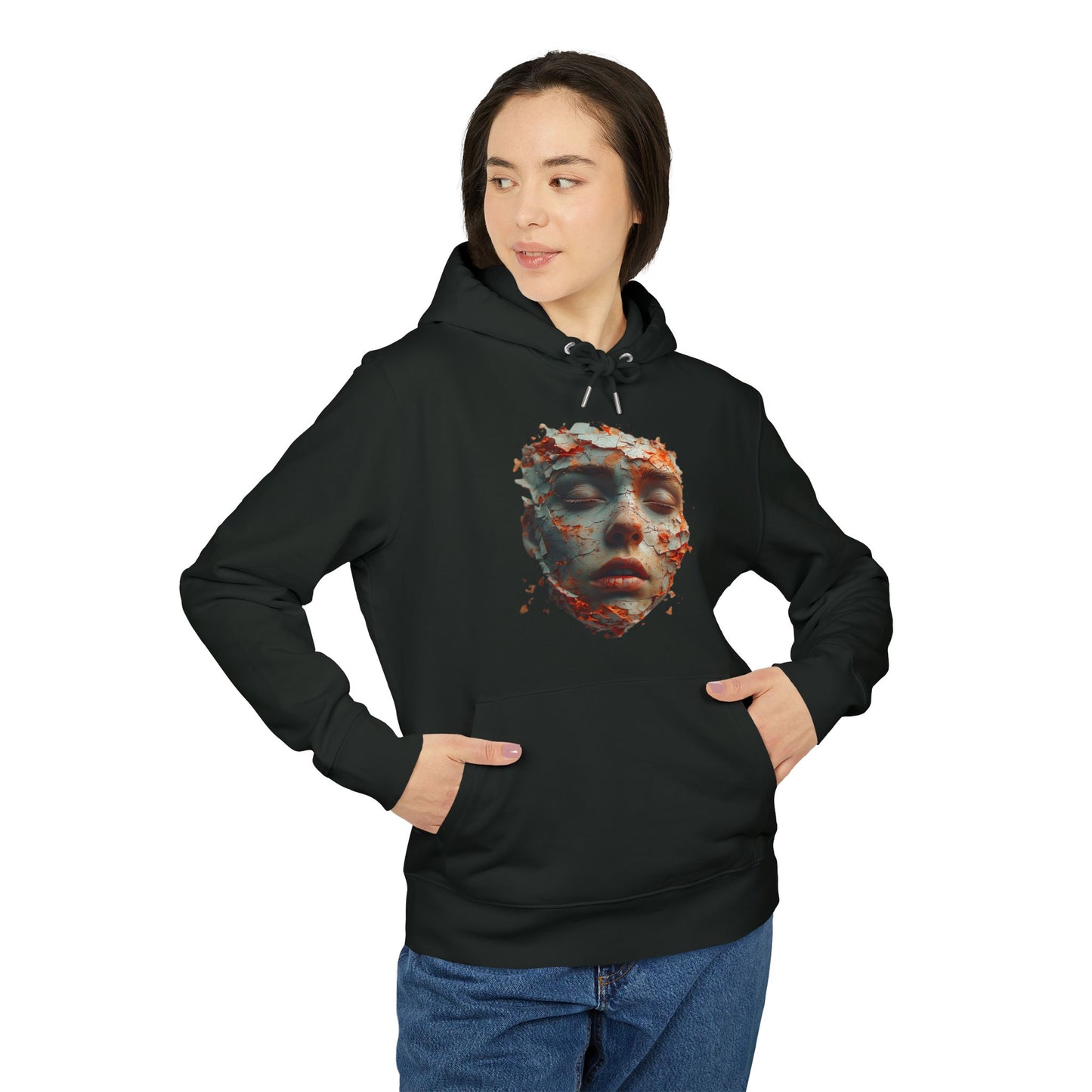 Ucique Fragmented Serenity Hoodie – Surreal Cracked Face Design | Organic Cotton Eco Gothic Streetwear