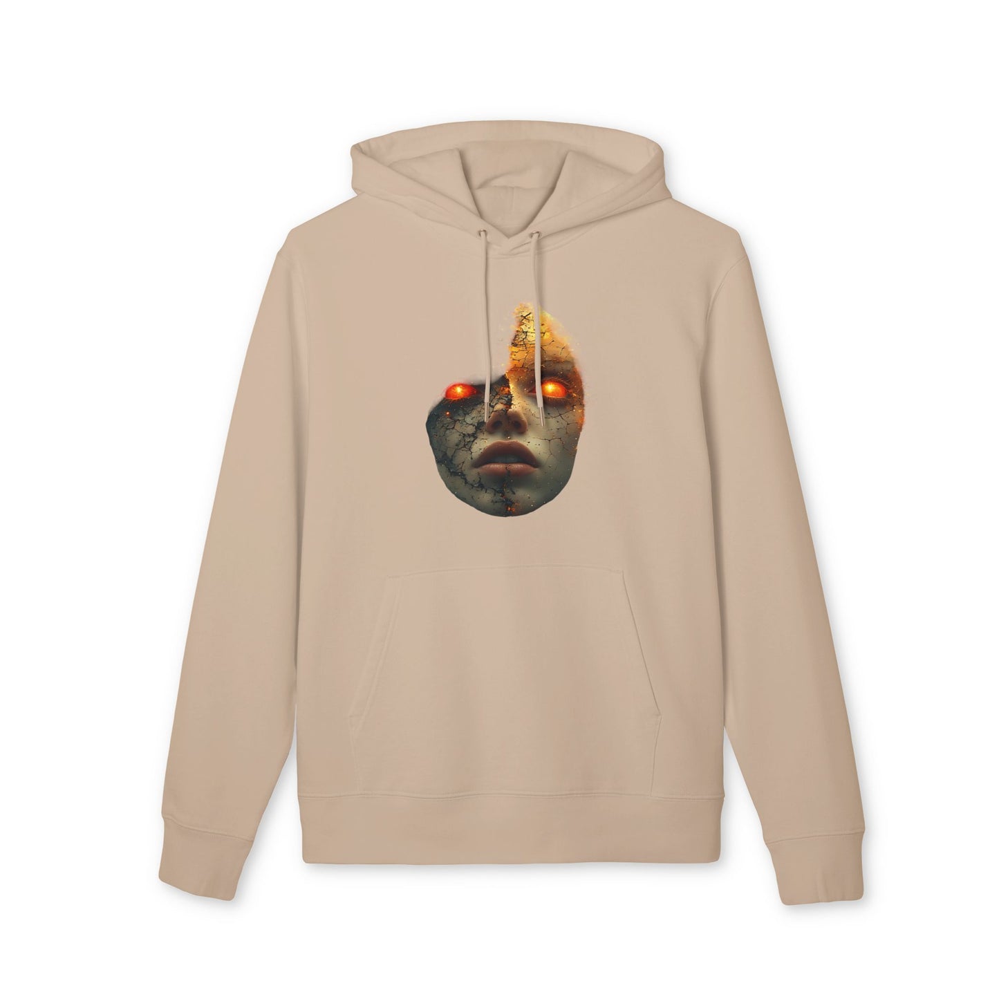 Ucique Cracked Mask Hoodie – Surreal Face with Glowing Eyes | Organic Cotton Gothic Eco Streetwear