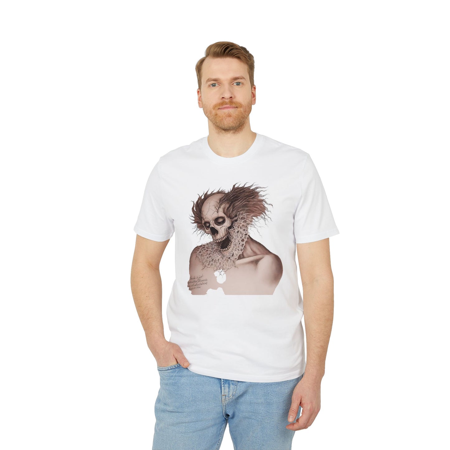 Ucique Bone Jester T-Shirt – Surreal Skull Portrait | Organic Cotton Eco Gothic Streetwear
