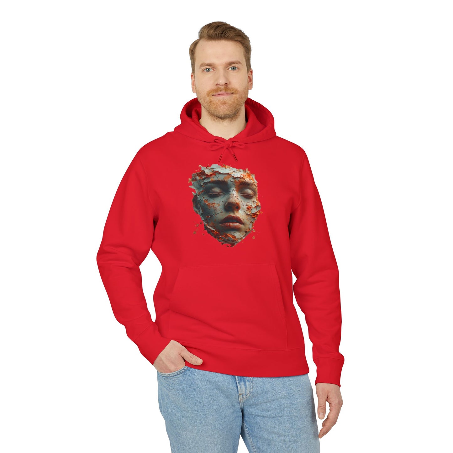 Ucique Fragmented Serenity Hoodie – Surreal Cracked Face Design | Organic Cotton Eco Gothic Streetwear